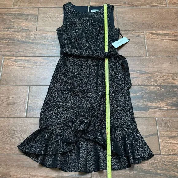 Calvin Klein Faux Wrap Dress Black Metallic Ruffle Hem Stretch Dress Sz 6 NWT - Picture 6 of 11